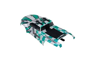Pro-Line Brute clipless body shell for 1/16 RC trucks featuring a teal and white checkered pattern with black accents.