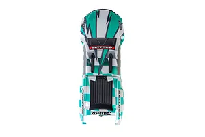 Top-down view of a Pro-Line 1/16 Brute RC truck body shell with a teal, white, and black checkered and lightning bolt design.