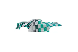Side view of a Pro-Line 1/16 Brute RC truck body shell featuring a green and white checkered pattern and black graphic accents on a white background.