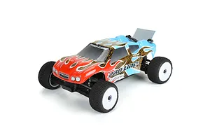 A 1/28 scale RC truck with a painted Crowd Pleazer body shell featuring red, blue, and gold flame graphics, mounted on a chassis with white wheels.