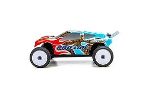 Side view of a 1/28 scale RC truck with a blue, red, and gold Crowd Pleazer body shell mounted on a chassis with white wheels.