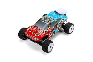 Pro-Line Crowd Pleazer body shell on a 1/28 scale RC truck chassis with red, blue, and brown flame graphics.