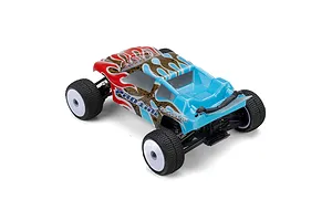 A Pro-Line Crowd Pleazer painted body shell mounted on a small RC truck chassis, featuring red, blue, and brown flame graphics.