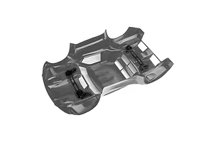 An unpainted clear polycarbonate RC short course truck body shell viewed from the underside, showing the clipless mounting hardware attached.