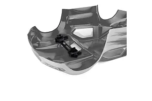 Underside view of a clear, unpainted Pro-Line Pulse RC short course body shell showing the clipless mounting hardware attached.