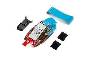 Pro-Line 1/28 Micro-B painted body shell with flame design, blue wing, black ESC relocator mount, and two small adhesive hook-and-loop squares.