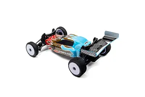 Pro-Line 1/28 Micro-B buggy with a blue, brown, and red flame-patterned body shell, white wheels, and a rear wing on a white background.