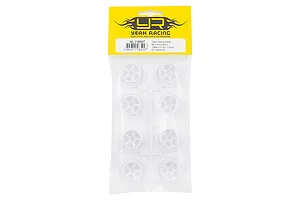 A sealed plastic bag containing eight white plastic RC car rims on a sprue, with a yellow Yeah Racing header card.