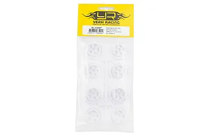 A sealed clear plastic bag containing eight white plastic RC car rims on a sprue, with a yellow Yeah Racing header card.