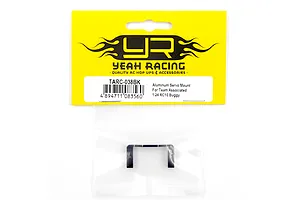 A black aluminium servo mount for a 1/24 RC10 buggy by Yeah Racing, sealed in its original yellow and white retail packaging.
