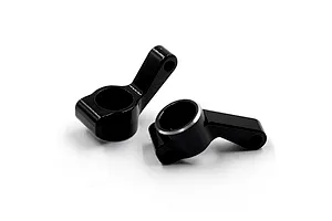 Two black anodized aluminium RC rear hub carriers shown from a high angle against a white background.