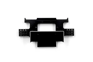 A black anodized aluminium rear bulkhead component for an RC car, featuring multiple mounting holes and a machined finish.