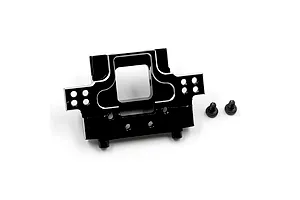 A black anodized aluminium rear bulkhead for an RC car with silver chamfered edges, accompanied by two small black screws.