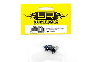 Yeah Racing TARC-034BK black aluminium front lower arm mounts for Team Associated 1/24 RC10 buggy in original yellow and white retail packaging.