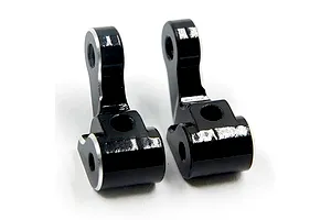 Two black anodized aluminium front steering hubs for RC cars, featuring silver chamfered edges.