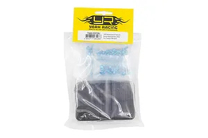 Yeah Racing aluminium and titanium screw kit in a clear plastic bag with a yellow header card and a black storage case.