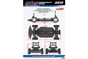 Technical diagram showing the dimensions and specifications of the Killerbody Mars KR10 1/10 scale 4WD rally chassis kit from multiple angles.