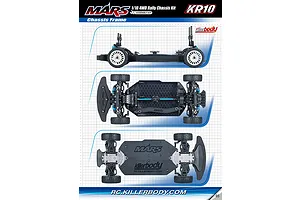 Three views of the Killerbody Mars KR10 1/10 scale RC rally car chassis kit, showing side, top, and bottom profiles on a grid background.