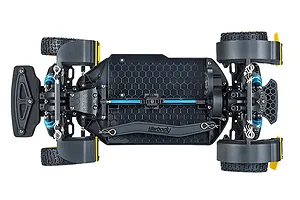 Top-down view of the Killerbody Mars KR10 RC rally car chassis, showing the black honeycomb-patterned frame, blue driveshaft, and suspension components.