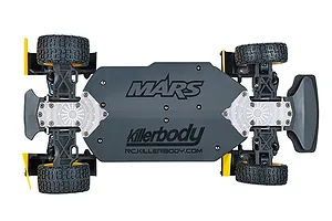 Top-down view of the Killerbody Mars RC car chassis showing the dark grey main deck with branding and four rubber tires.