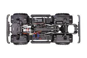 Top-down view of the Traxxas TRX-4 chassis showing the motor, ESC, and drivetrain components.
