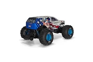 Rear three-quarter view of the ARRMA Freedom Flyer RC monster truck featuring a patriotic American flag and cartoon character livery on a white background.