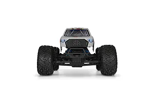 Front view of the ARRMA Freedom Flyer RC monster truck featuring a silver body, black grille, and large knobby tires against a white background.