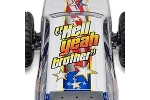 Top-down view of an ARRMA RC monster truck body featuring patriotic American flag graphics and the text Hell yeah brother.