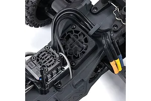 Close-up of the internal electronics and cooling fan mounted on the chassis of an ARRMA RC vehicle.
