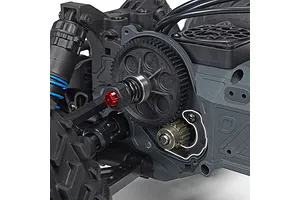 Close-up of an ARRMA RC car drivetrain showing the spur gear, pinion gear, and slipper clutch assembly.