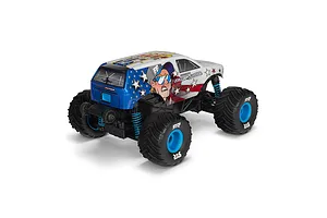 Rear three-quarter view of the ARRMA Freedom Flyer Grom RC monster truck featuring a patriotic American flag and cartoon character livery.