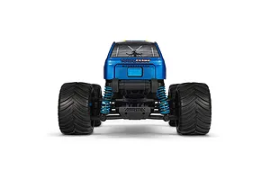 Rear view of the ARRMA Freedom Flyer Grom RC monster truck featuring a metallic blue body, black off-road tires, and blue coil-over suspension springs.