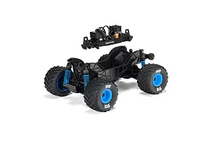 ARRMA Grom RC monster truck chassis with the electronics module removed and hovering above the main frame.