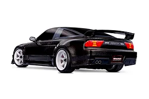 Rear three-quarter view of a black Traxxas Nissan 240SX RC drift car with white wheels on a white background.