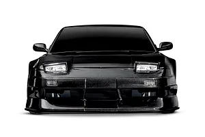 Front view of a black Traxxas 4-Tec 2.0 Nissan 240SX RC car body shell with pop-up headlights.