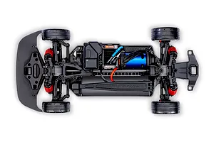 Top-down view of a Traxxas 4-Tec 2.0 RC car chassis showing the electric motor, battery tray, and suspension components.