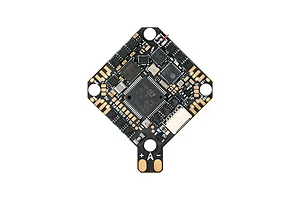 Top view of a black BetaFPV STM32F405 flight controller circuit board with gold solder pads and various electronic components.
