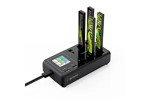 BetaFPV HexaCharger 6-port 1S smart charger with three LAVA LiHV batteries plugged in, showing a digital display and control buttons on a white background.