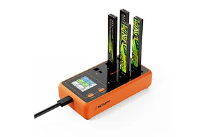 BetaFPV HexaCharger Pro 78W 6-port smart charger with three LAVA 1S LiHV batteries plugged in, featuring an orange casing and digital display.