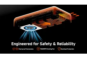 A marketing graphic for the BetaFPV HexaCharger Pro showing internal cooling airflow, highlighting fan, connectors, and overheat protection features.