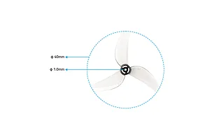 A technical diagram of a clear 3-blade RC drone propeller showing a 40mm diameter and 1.0mm shaft hole size.