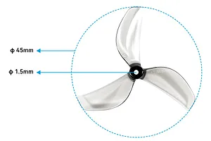 A technical diagram showing a grey 3-blade drone propeller with a 45mm diameter and 1.5mm shaft hole size.
