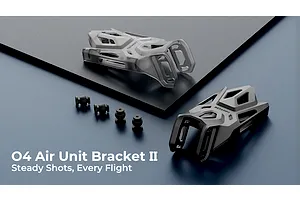 BetaFPV O4 Air Unit Bracket II in clear grey and black, shown with mounting hardware on a blue and grey surface.