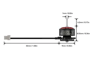 Technical diagram showing the dimensions of a BetaFPV 0702 II brushless motor with a black and red finish and a wire lead.