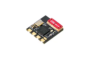 A small BetaFPV 2.4GHz ELRS Lite receiver circuit board with a flat ceramic antenna on a white background.