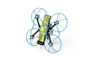 BetaFPV Air75 brushless FPV drone with light blue propeller guards and a BetaFPV Lava battery mounted on top.