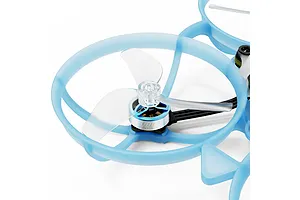 Close-up of a light blue FPV drone propeller guard and brushless motor with a clear three-blade propeller.