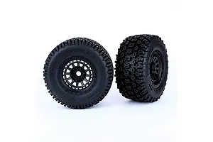 Two Method RC 3.8 Geoform belted all-terrain tyres mounted on black Array wheels, shown from front and side angles against a white background.