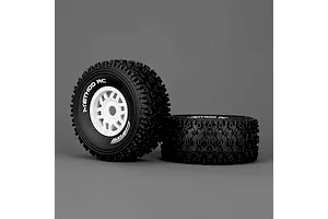 Two Method RC 2.3 Geoform all-terrain tyres mounted on white 12-spoke rims, shown against a grey background.