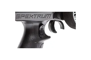 Close-up of the trigger and grip area of a black Spektrum RC transmitter showing the brand logo and adjustment dial.